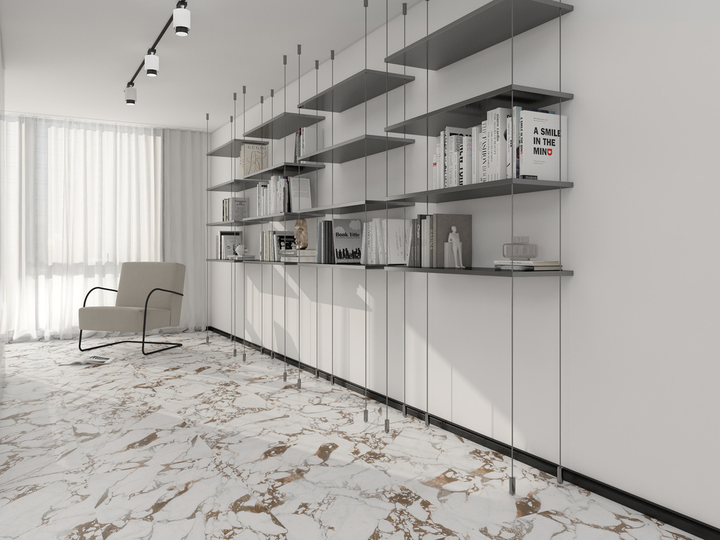 Phối cảnh ốp tường gạch trắng vân vàng 60x120